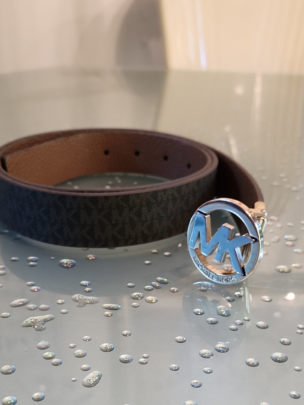 Michael Kors Brown MK Monogram Leather Belt with Silver Logo Buckle